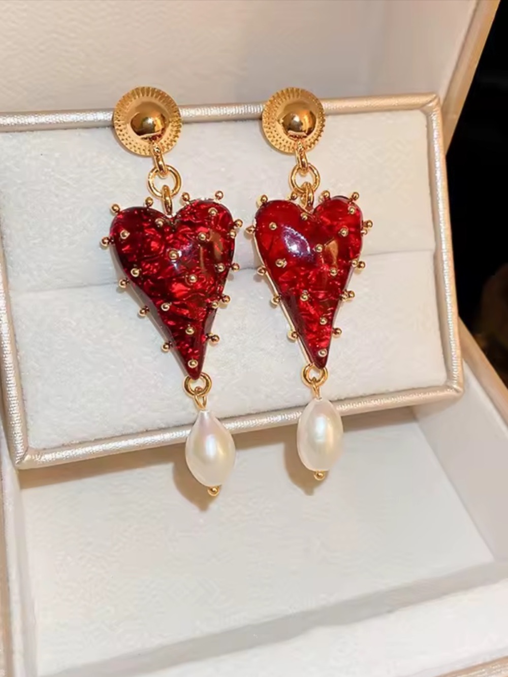 Crimson Ruby Red Heart Pearl Drop Gold Earrings